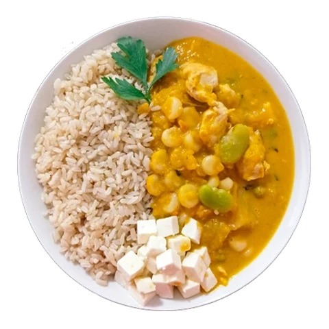 Guiso de zapallo con choclo, arroz y queso fresco